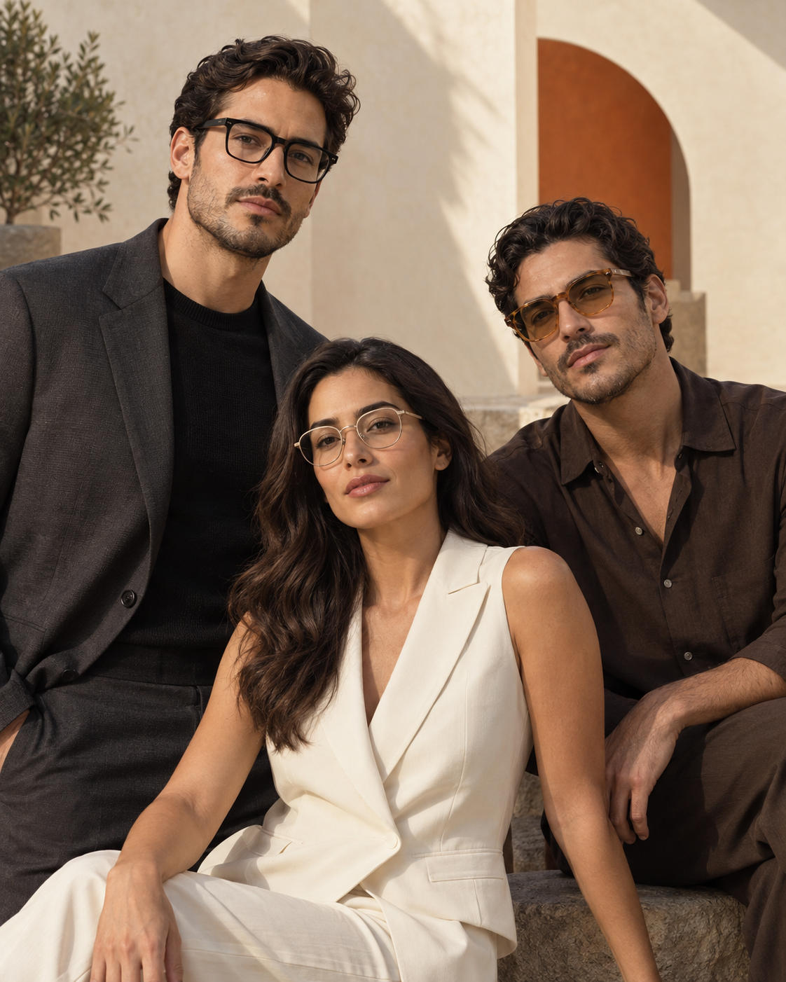 Campaña Black Sunshine: tres personas con sastrería contemporánea y lentes ópticos y ámbar en un patio soleado.